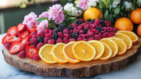A vibrant and fresh arrangement of fruits including orange slices, strawberries, and raspberries, complemented by beautiful flowers on a wooden platter.の素材