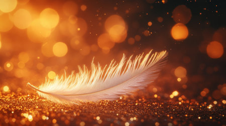 A beautiful white feather rests on a sparkling golden surface, enhanced by mesmerizing bokeh effects. This image evokes feelings of tranquility and elegance.の素材