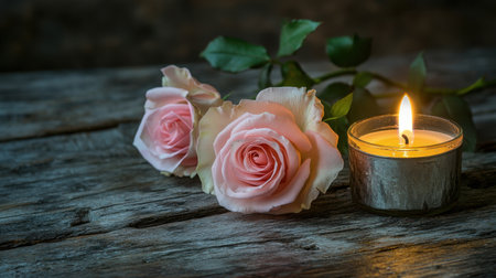 This charming image features delicate pink roses beside a glowing candle on a rustic wooden surface, creating a serene and romantic ambiance perfect for various occasions.の素材