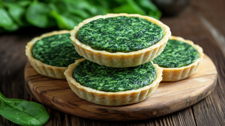 Savory spinach tart showcases vibrant green filling in a flaky crust. Perfect for a wholesome snack or appetizer, this delightful dish emphasizes fresh ingredients and rustic presentation.の素材