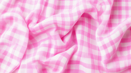 Soft pink gingham fabric texture ideal for backgrounds, fashion, or decor. The gentle pattern creates a cozy, inviting atmosphere for various design projects.の素材