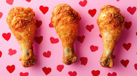 Three crispy fried chicken drumsticks are arranged on a bright pink background adorned with red hearts, creating a fun and playful vibe perfect for celebrations and romantic meals.の素材