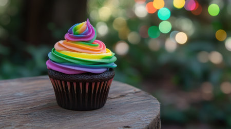 A vibrant rainbow cupcake sits elegantly on a wooden surface, adorned with colorful swirls of frosting. The blurred background enhances the festive vibe, making it perfect for celebrations.の素材