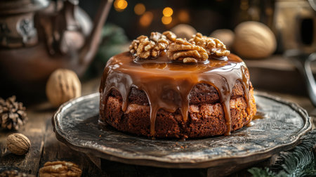 A beautifully crafted caramel cake topped with walnuts, presented on a rustic wooden table. This delightful dessert captures the essence of warmth and indulgence.の素材