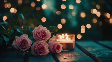 A beautiful arrangement of pink roses alongside a lit candle creates a serene and romantic atmosphere. Soft bokeh lights provide an enchanting background, perfect for special occasions.の素材