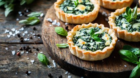 Savory spinach tartlets baked to perfection, garnished with fresh herbs, perfect for appetizers or brunch. A delightful addition to any meal.の素材