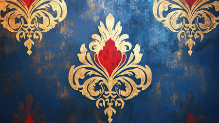 This image showcases a stunning ornate damask pattern featuring gold and red designs on a deep blue background, perfect for elegant decor or textile use.の素材