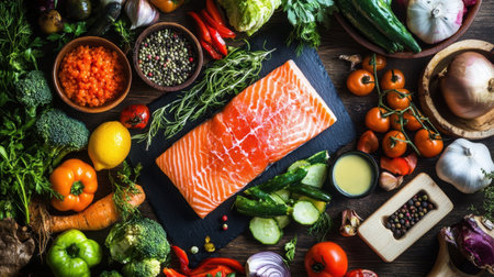 A vibrant composition featuring a fresh salmon fillet surrounded by an assortment of colorful vegetables and herbs. Perfect for culinary inspiration.の素材