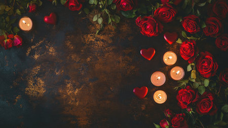 A beautiful arrangement of red roses and flickering candles on a dark surface, creating a romantic atmosphere perfect for special occasions and intimate celebrations.の素材