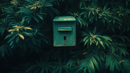 A vintage green mailbox stands out amidst lush greenery, creating a serene scene. The weathered box invites curiosity while surrounded by varied leaves.の素材