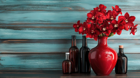 A striking display of red orchids in a glossy vase, surrounded by various glass bottles, captures elegance and beauty in a rustic setting, perfect for home decor.の素材