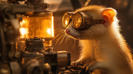A charming animal wearing vintage goggles gazes curiously at a glowing light source, creating a whimsical and imaginative atmosphere perfect for playful themes.の素材