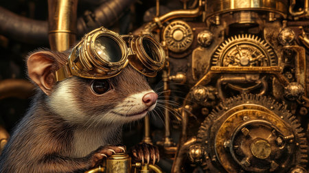 A whimsical portrayal of a furry animal wearing steampunk goggles against a backdrop of intricate gears and machinery. A captivating blend of imagination and artistry.の素材