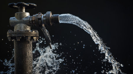 A close-up of a vintage outdoor faucet releasing a strong flow of water, creating splashes and droplets against a dark background, showcasing essential nature's resource.の素材