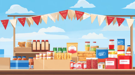 A vibrant market stall displaying an array of food products, jars, and snacks under cheerful decorations. Perfect for illustrating outdoor shopping experiences.の素材