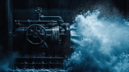 A powerful water pump expels a high-pressure stream of water, showcasing dynamic motion and engineering efficiency in an industrial setting. The image captures the energy and force of water in action.の素材