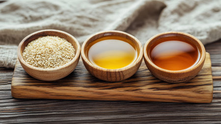 This image showcases a delightful arrangement of sesame seeds and natural oils in elegant wooden bowls, perfect for culinary enthusiasts looking to elevate their dishes.の素材