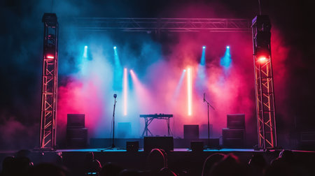 An electrifying stage setup featuring colorful lights and fog, ready for an unforgettable concert performance, creating a vibrant and immersive atmosphere.の素材