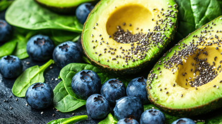 This vibrant image showcases fresh avocados, blueberries, and spinach arranged beautifully against a dark stone background, perfect for promoting healthy eating.の素材