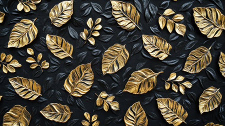 This stunning image features a textured background adorned with elegant golden leaves, creating a luxurious and sophisticated aesthetic suitable for decor and design projects.の素材