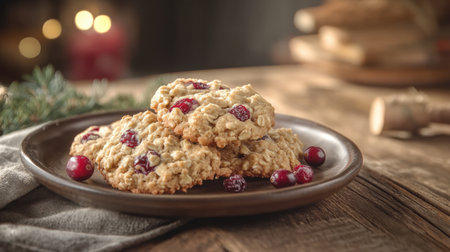 A plate of fresh, homemade oatmeal cookies with cranberries, set on a rustic wooden table. Perfect for holiday gatherings or cozy snacks.の素材