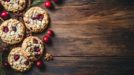 A beautiful arrangement of freshly baked cookies featuring cranberries and nuts on a rustic wooden table, perfect for cozy gatherings and seasonal celebrations.の素材