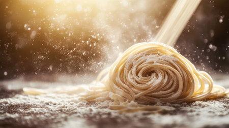 A stunning image of fresh pasta on a flour-dusted surface capturing the essence of culinary artistry with soft backlight and floating particles.の素材