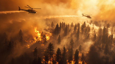 Two helicopters combat a raging wildfire in a dense forest during sunset. Smoke and flames envelop the trees, showcasing the urgency of aerial firefighting efforts.の素材