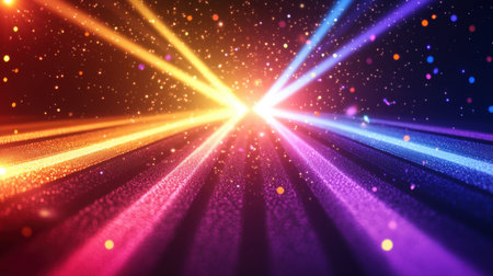 This stunning abstract image showcases vibrant rays of light bursting through colorful particles. Perfect for projects related to celebration, energy, and creativity.の素材