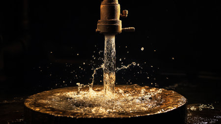 A close-up view of a water fountain in a dark setting, capturing the dynamic motion of splashes and droplets. Ideal for illustrating tranquility and freshness.の素材
