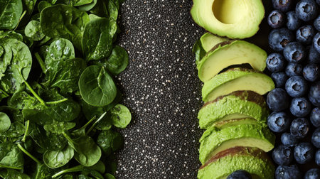 Vibrant arrangement of fresh spinach, sliced avocado, and blueberries on a textured dark background, showcasing a healthy and nutritious food style ideal for meal prep.の素材