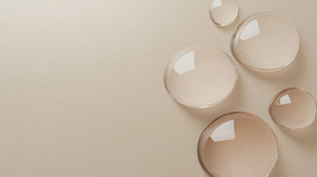 Soft transparent water drops rest gracefully on a gentle beige surface, creating an elegant and serene atmosphere perfect for minimalist design.の素材