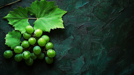 A stunning arrangement of fresh green grapes with leaves on a dark textured background. Perfect for showcasing healthy food and natural beauty.の素材