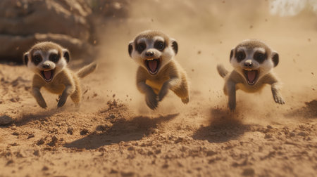 Three energetic meerkat cubs dash joyfully through the dusty terrain, displaying their playful nature in a vibrant outdoor setting filled with life.の素材