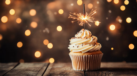 A beautifully decorated cupcake topped with creamy frosting and a sparkler, set on a rustic wooden table. Captivating bokeh lights create a festive atmosphere perfect for celebrations.の素材