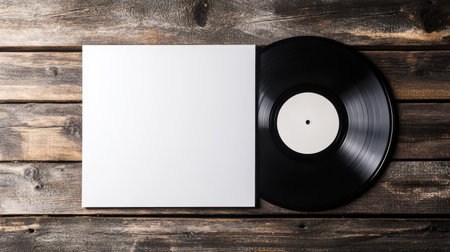 A black vinyl record rests on a wooden table beside a blank cover. The scene captures a minimalistic aesthetic, showcasing natural textures and a nostalgic feel. Perfect for music-related themes.の素材