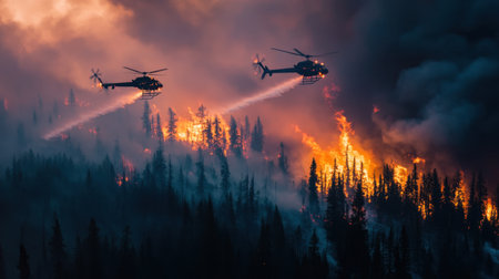 Two helicopters operate over a raging wildfire, dropping water in an effort to control the flames engulfing the forest. A dramatic display of nature's fury.の素材