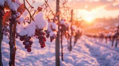 A stunning winter landscape showcasing a vineyard blanketed in snow at sunset. Grapes hang delicately from the vines, creating a serene and picturesque scene.の素材