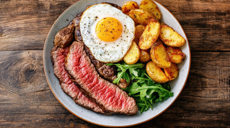 A mouthwatering plate featuring a perfectly cooked steak, a fried egg, and golden roasted potatoes, served on a rustic wooden table, promoting a hearty and satisfying meal.の素材