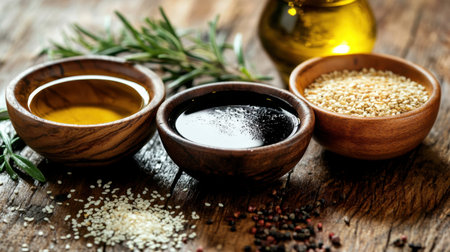 A visually appealing arrangement of assorted natural oils and sesame, elegantly presented in rustic wooden bowls. Perfect for culinary projects or healthy living.の素材