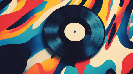 A striking retro vinyl record placed against a vibrant abstract background, showcasing colorful swirls and patterns that evoke nostalgia and artistic flair.の素材