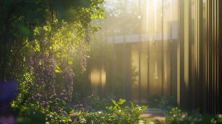 A serene garden scene showcasing vibrant flowers and lush greenery, illuminated by soft sunlight filtering through the leaves, creating a peaceful atmosphere.の素材