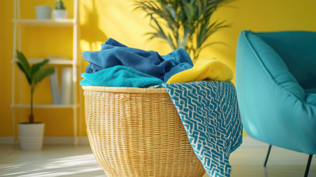 A vibrant living room scene featuring a woven basket filled with colorful towels, complemented by a stylish chair and decorative plants, perfect for a cozy atmosphere.の素材