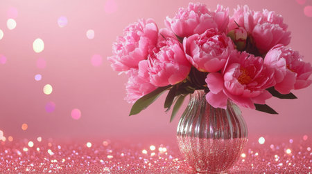 A stunning arrangement of pink peonies fills a stylish vase against a shimmering pink backdrop. Perfect for celebrations, home decor, and floral appreciation.の素材