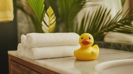 This image features a vibrant rubber duck next to soft towels in a serene bathroom. It evokes feelings of relaxation and comfort, perfect for leisure spaces.の素材