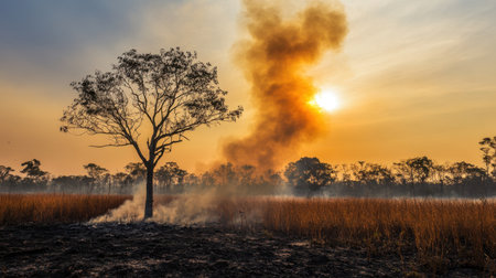 A striking scene of a solitary tree amidst a burning landscape at sunset. Smoke rises against the vibrant sky, highlighting environmental challenges.の素材