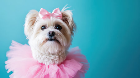 Adorable small dog dressed in a pink tutu and bow poses against a vibrant blue background, showcasing a charming and playful personality. Perfect for pet lovers!の素材