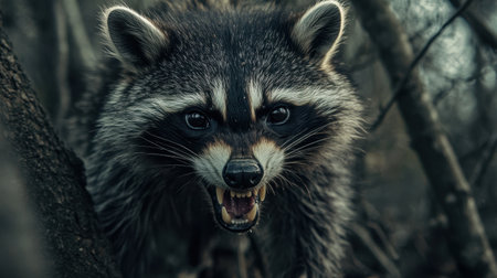 A close-up of an aggressive raccoon displaying its teeth, creating a fierce and captivating image. The animal stares intently into the camera, showcasing its wild nature.の素材