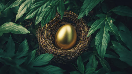 A golden egg rests peacefully in a nest, surrounded by vibrant green leaves. This image symbolizes luxury and new beginnings, capturing nature's beauty and serenity.の素材