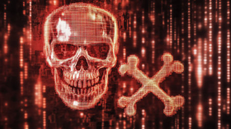This striking digital art features a glowing red skull and bones, set against a background of binary code. It evokes themes of danger and technology.の素材